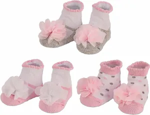 3 Pairs of Baby Girl Socks 0-12 Months - Ruffles Dots Flowers Stripes - in Gift Box