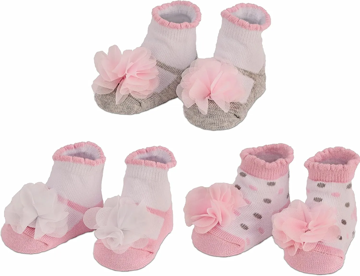 3 Pairs of Baby Girl Socks 0-12 Months - Ruffles Dots Flowers Stripes - in Gift Box
