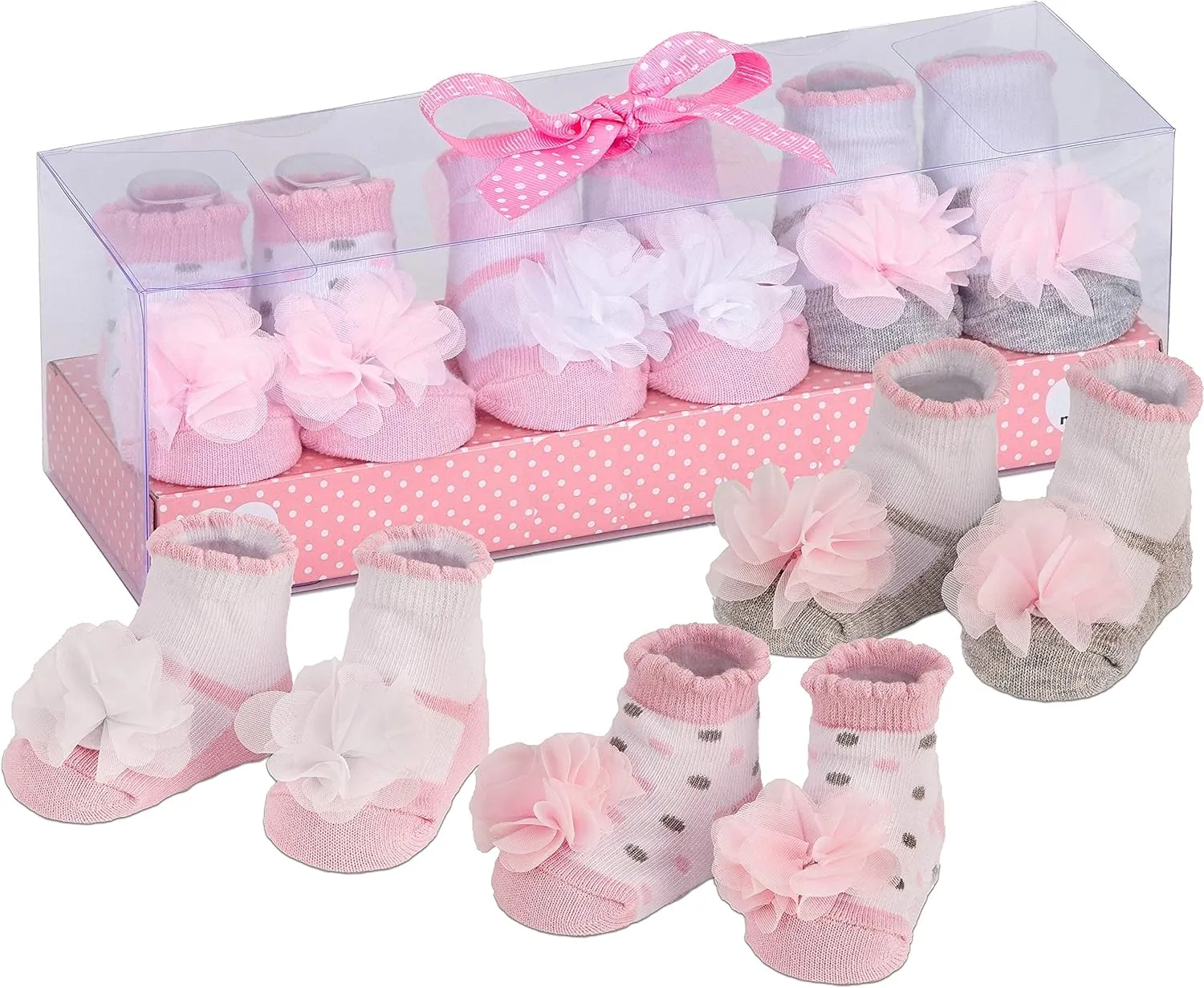 3 Pairs of Baby Girl Socks 0-12 Months - Ruffles Dots Flowers Stripes - in Gift Box