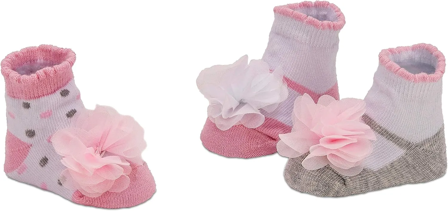 3 Pairs of Baby Girl Socks 0-12 Months - Ruffles Dots Flowers Stripes - in Gift Box