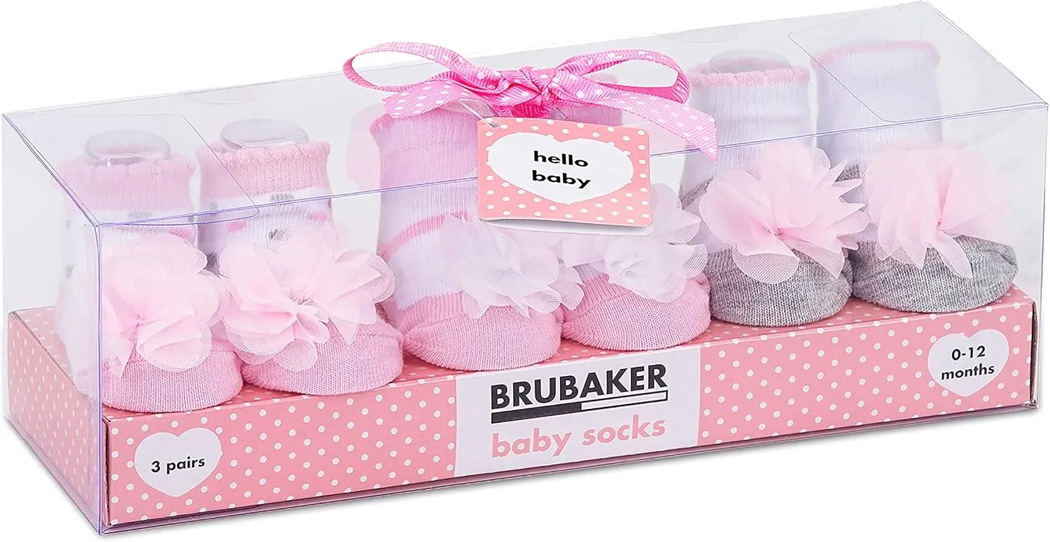 3 Pairs of Baby Girl Socks 0-12 Months - Ruffles Dots Flowers Stripes - in Gift Box