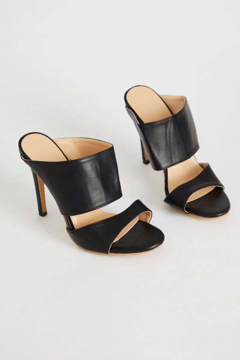 Black Chunky Strap Heel Mules
