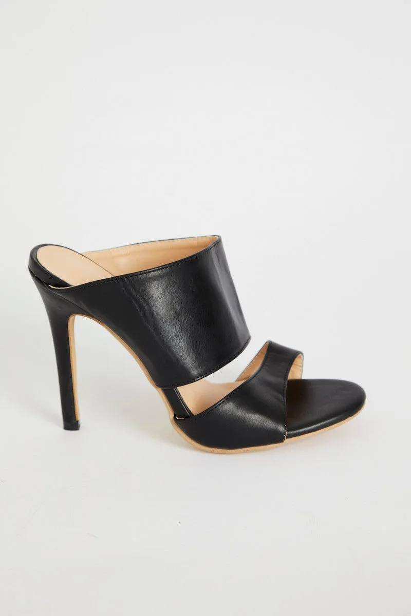 Black Chunky Strap Heel Mules