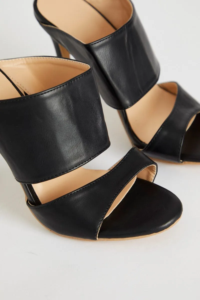 Black Chunky Strap Heel Mules