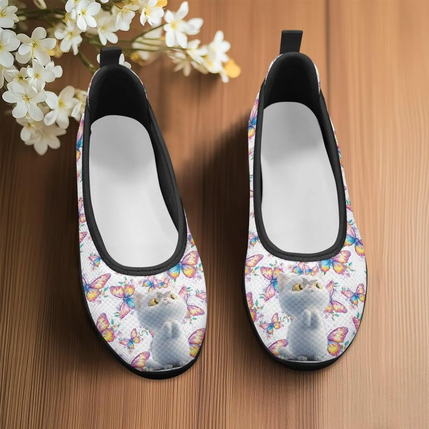 Driving Loafers Cat Print Women Shoes Comfortable Breathable Mesh Sneakers for Walking Running Lightweight Low Cut Tennis Shoe Loafer