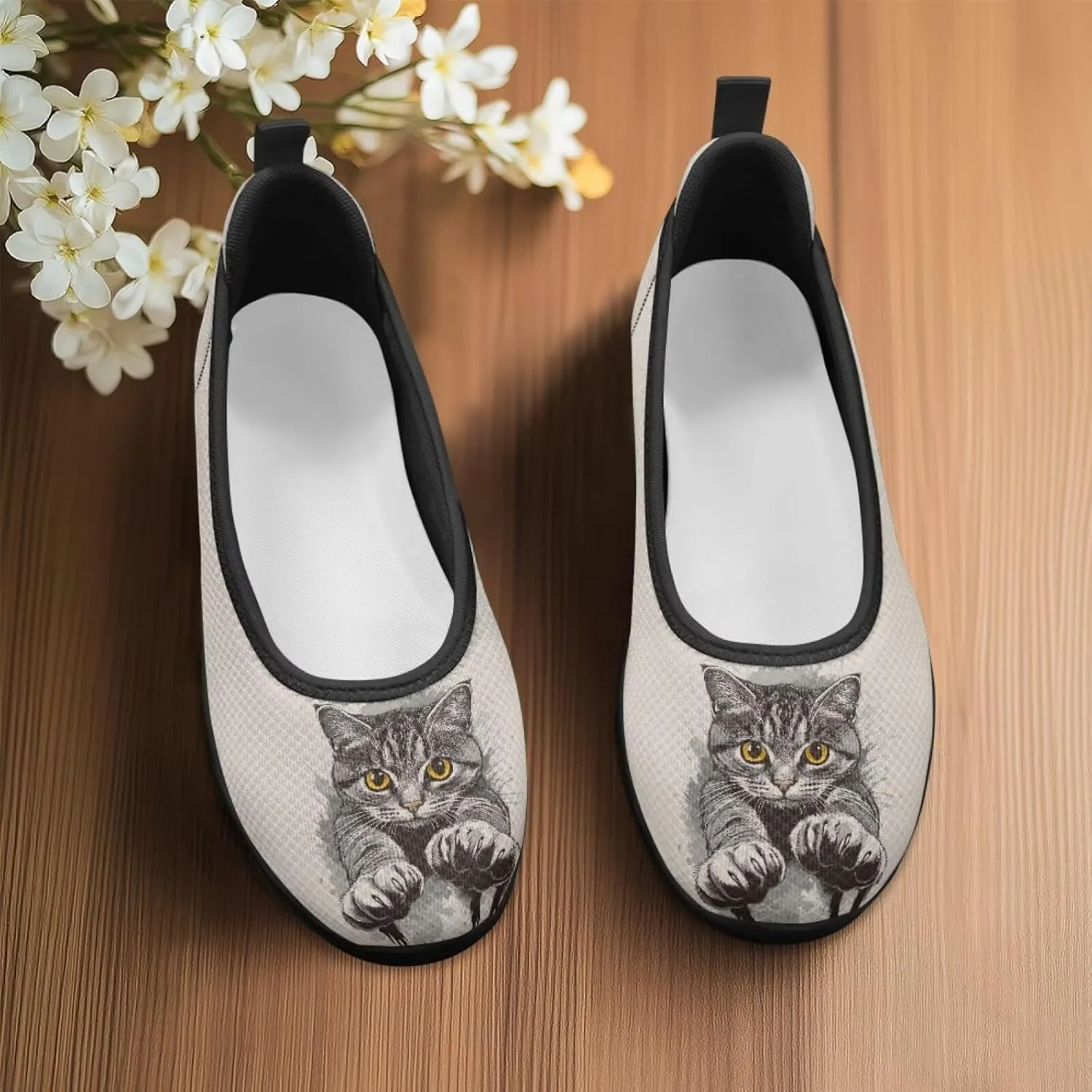 Driving Loafers Cat Print Women Shoes Comfortable Breathable Mesh Sneakers for Walking Running Lightweight Low Cut Tennis Shoe Loafer