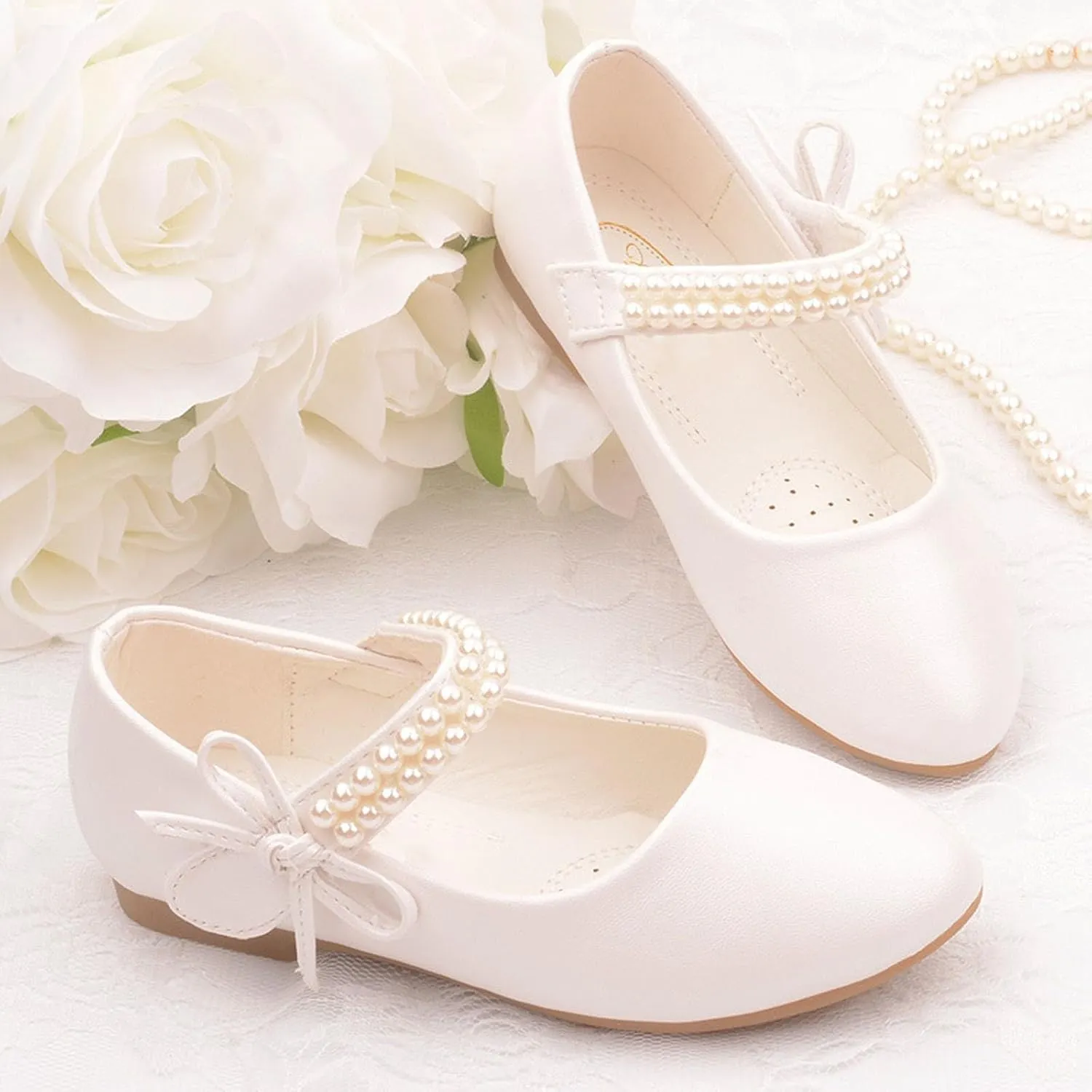 Girls Dress Ballet Shoes Toddler Flower School Uniform Shoes Little Kid Ballet Flat Pearl Strap for Wedding Part