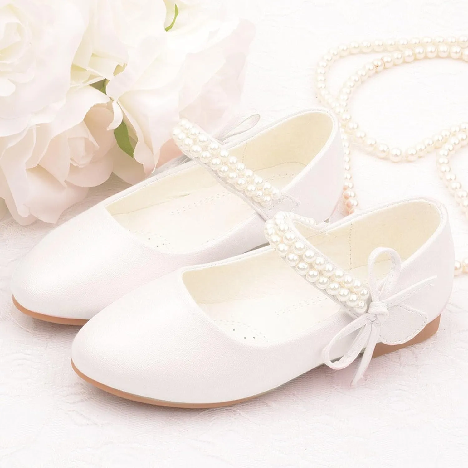 Girls Dress Ballet Shoes Toddler Flower School Uniform Shoes Little Kid Ballet Flat Pearl Strap for Wedding Part