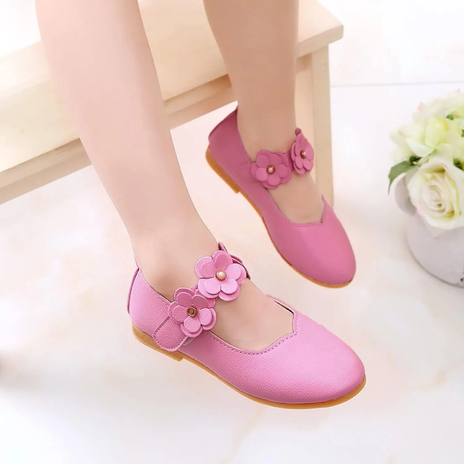 Girls Low Heel Shoes PU Dress Shoes for Wedding Toddler Girls Close Toe Sandals Ankle Strap Flower Water Shoes Toddler