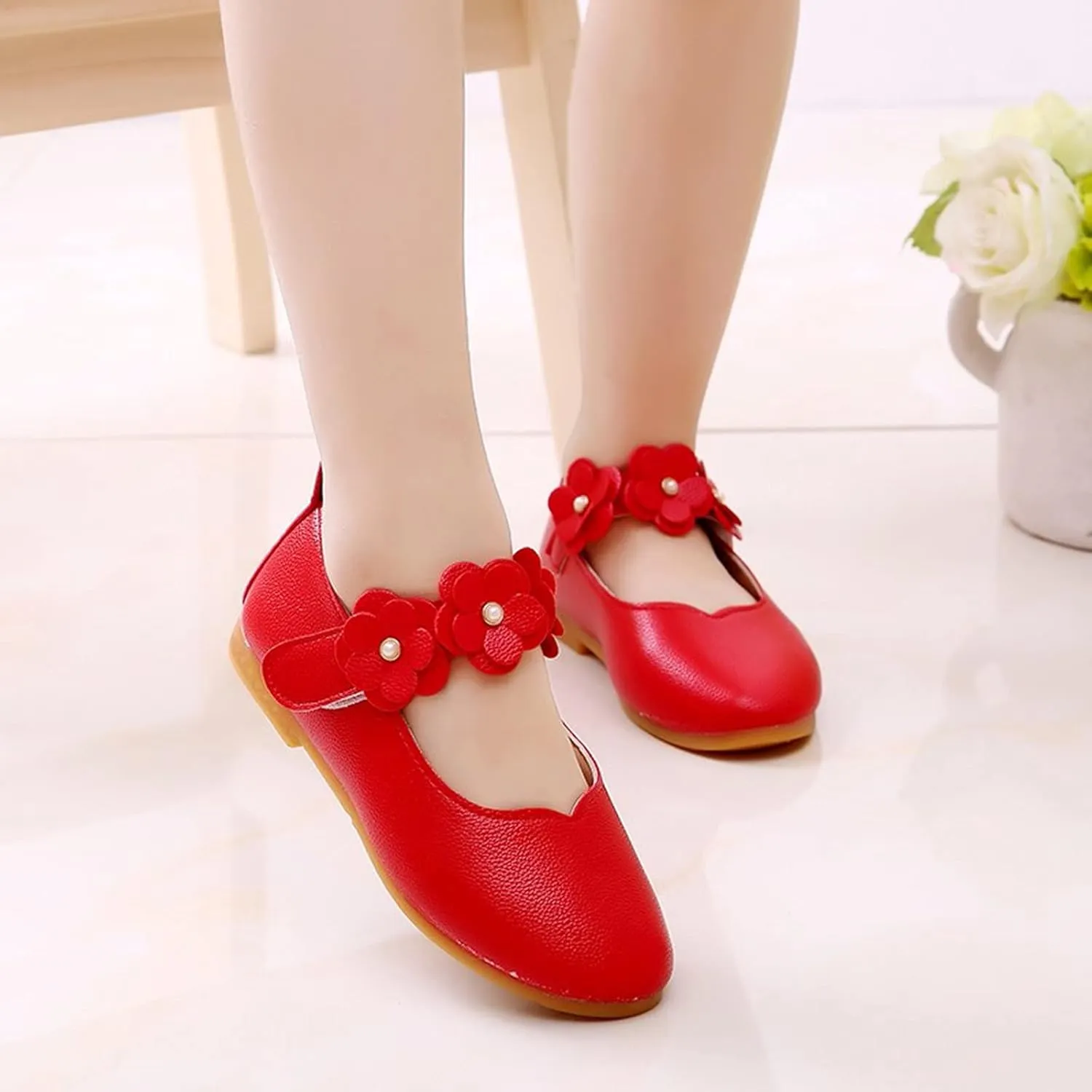 Girls Low Heel Shoes PU Dress Shoes for Wedding Toddler Girls Close Toe Sandals Ankle Strap Flower Water Shoes Toddler
