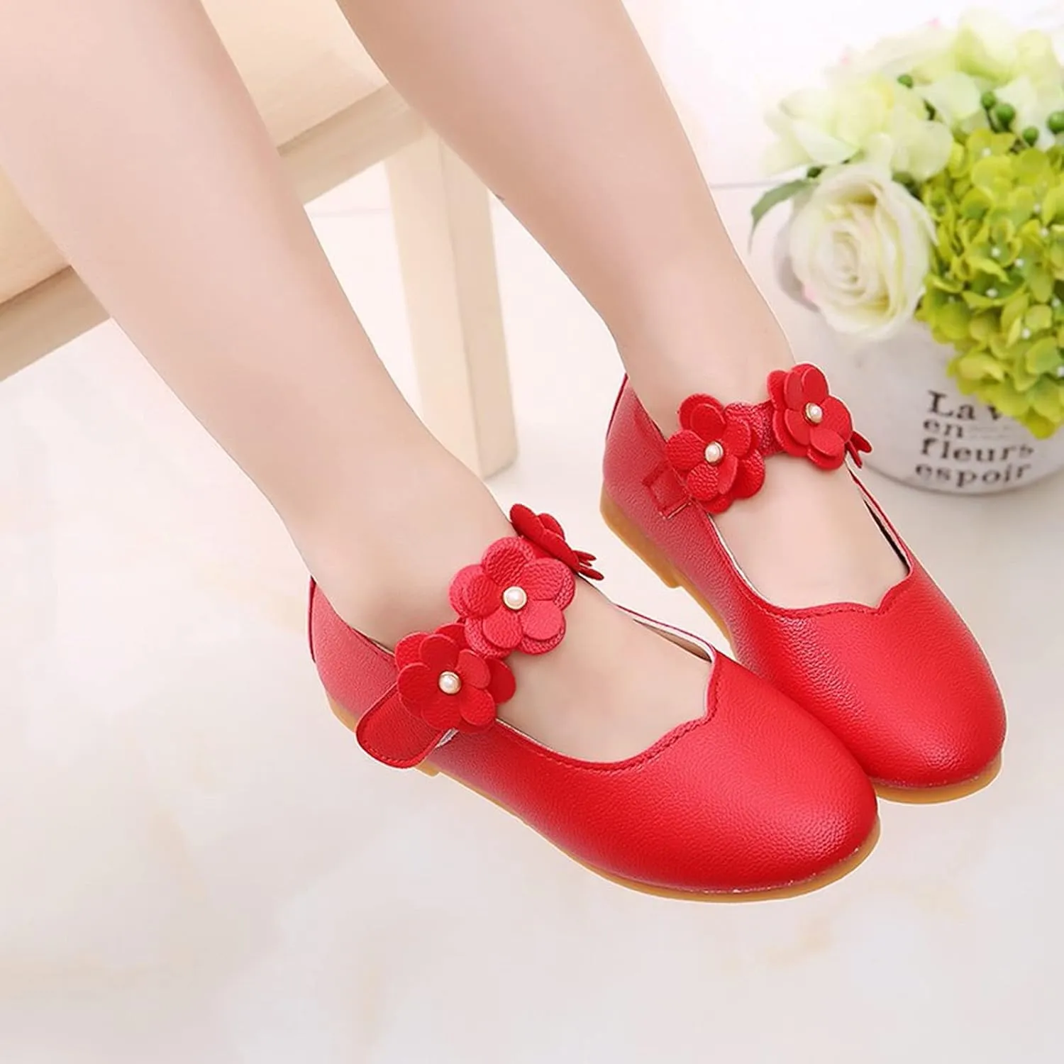 Girls Low Heel Shoes PU Dress Shoes for Wedding Toddler Girls Close Toe Sandals Ankle Strap Flower Water Shoes Toddler