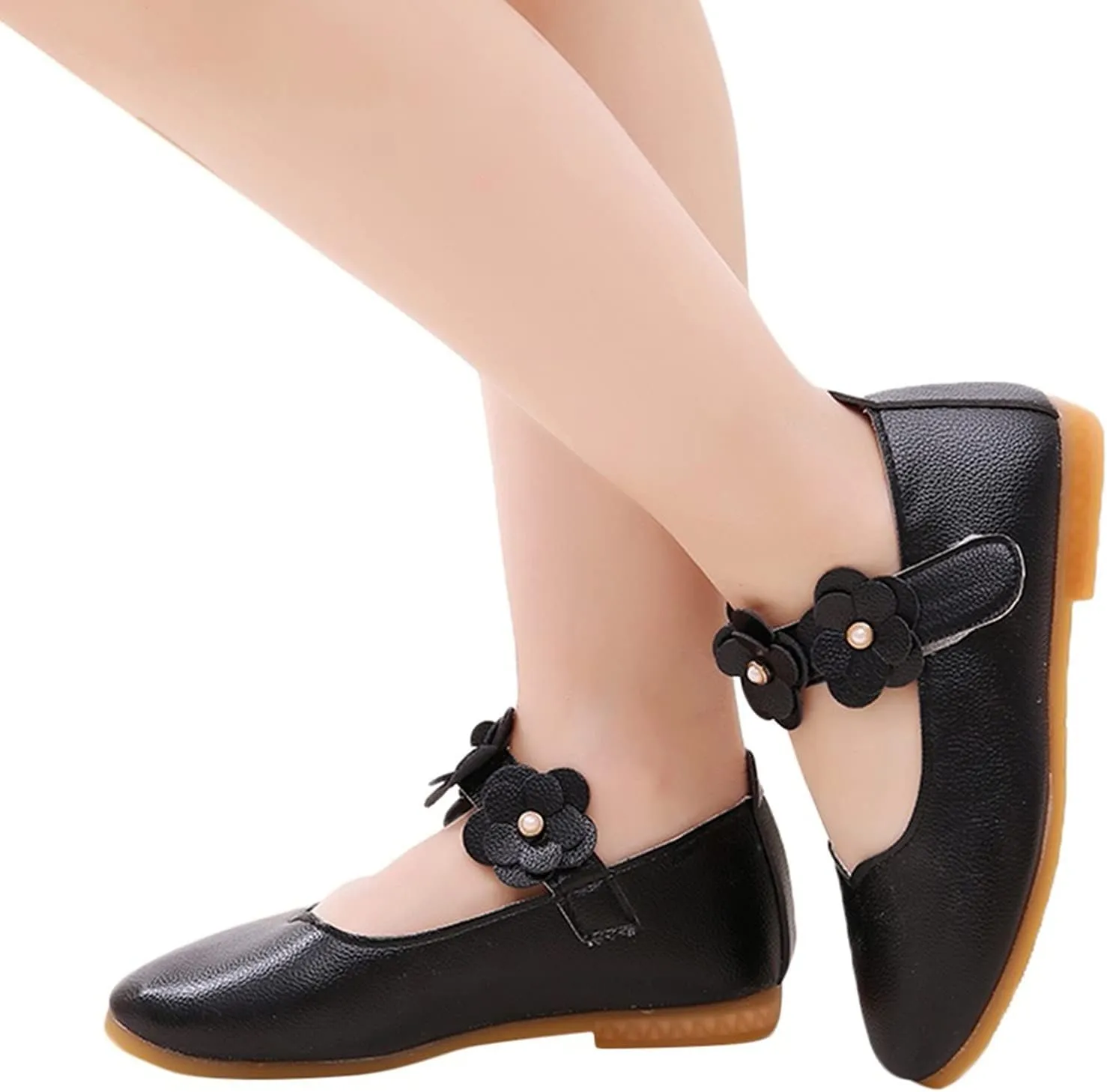 Girls Low Heel Shoes PU Dress Shoes for Wedding Toddler Girls Close Toe Sandals Ankle Strap Flower Water Shoes Toddler