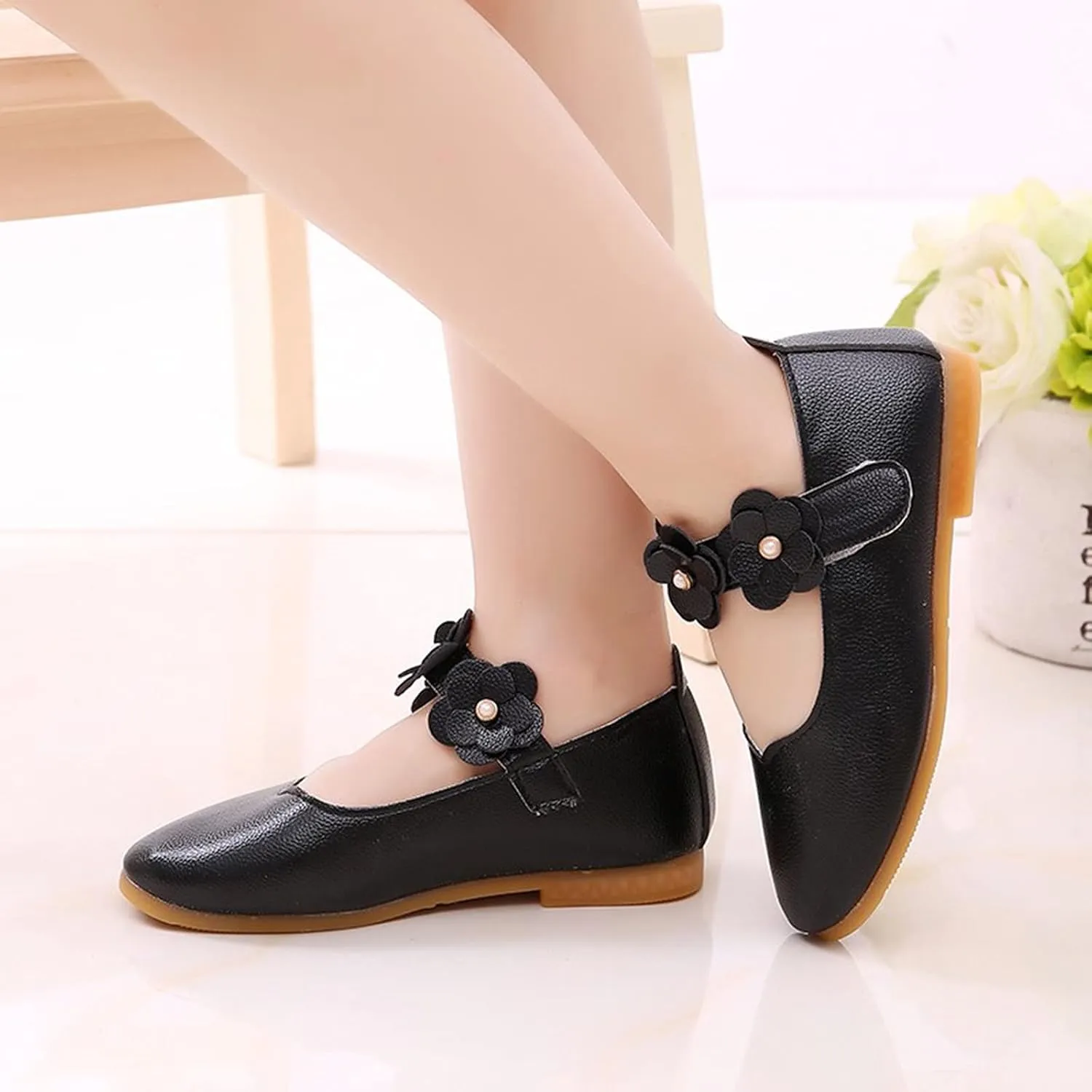 Girls Low Heel Shoes PU Dress Shoes for Wedding Toddler Girls Close Toe Sandals Ankle Strap Flower Water Shoes Toddler