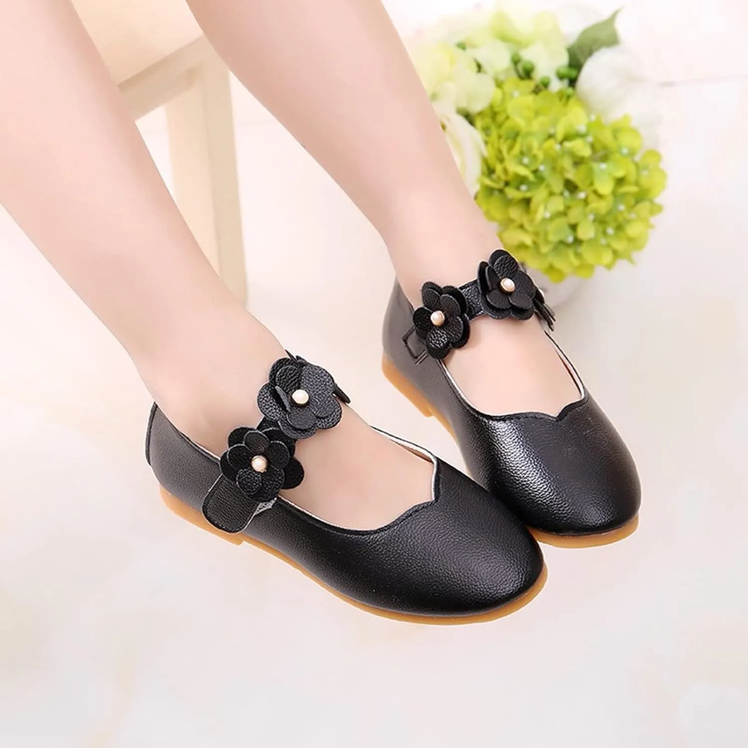 Girls Low Heel Shoes PU Dress Shoes for Wedding Toddler Girls Close Toe Sandals Ankle Strap Flower Water Shoes Toddler