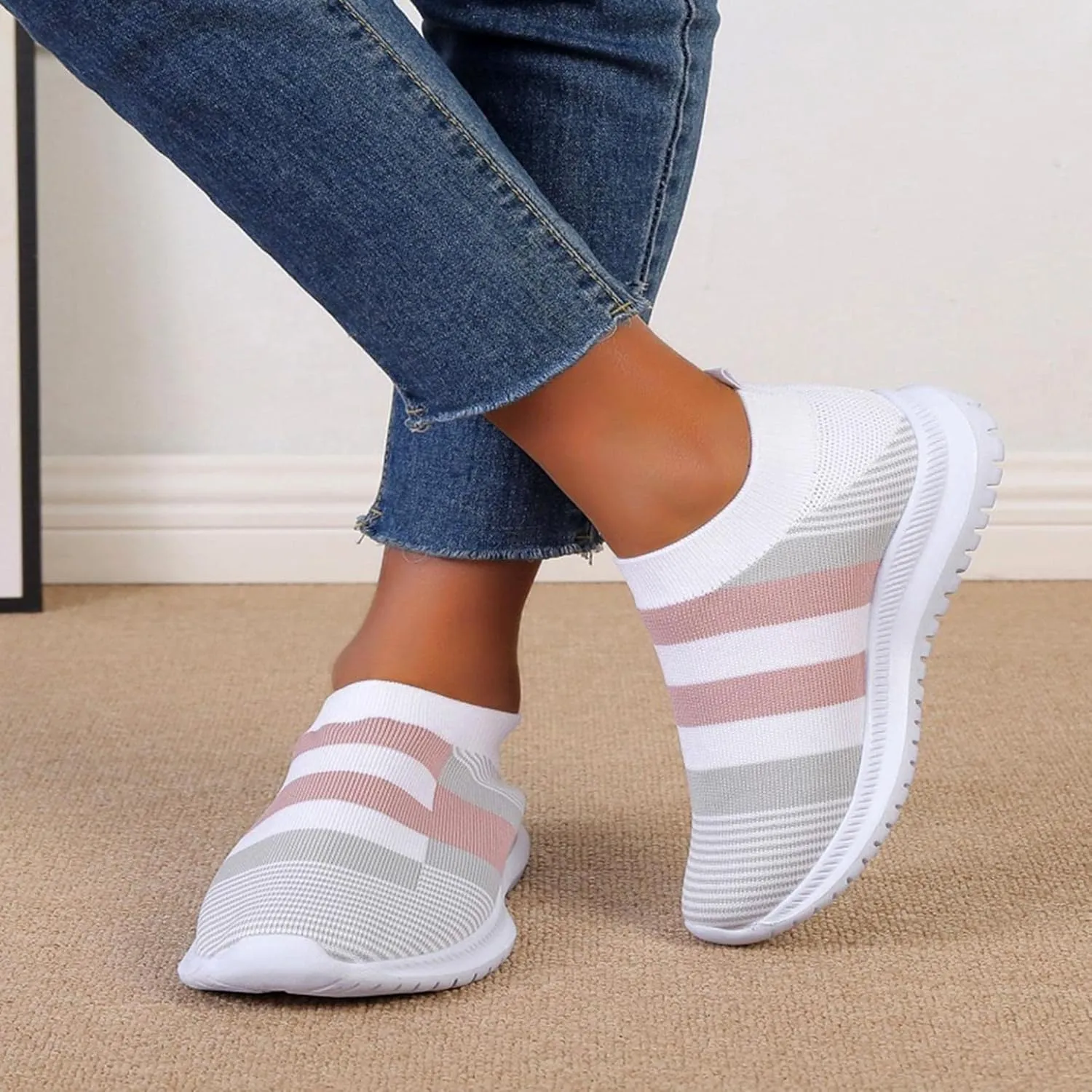 Hbeylia Women's Slip On Mesh Breathable Sneakers Walking Running Hiking Sports Shoes Fashion Athletic Low Heels Anti Skid Athletic Tennis Trainer Work Nursing Shoes for Ladies