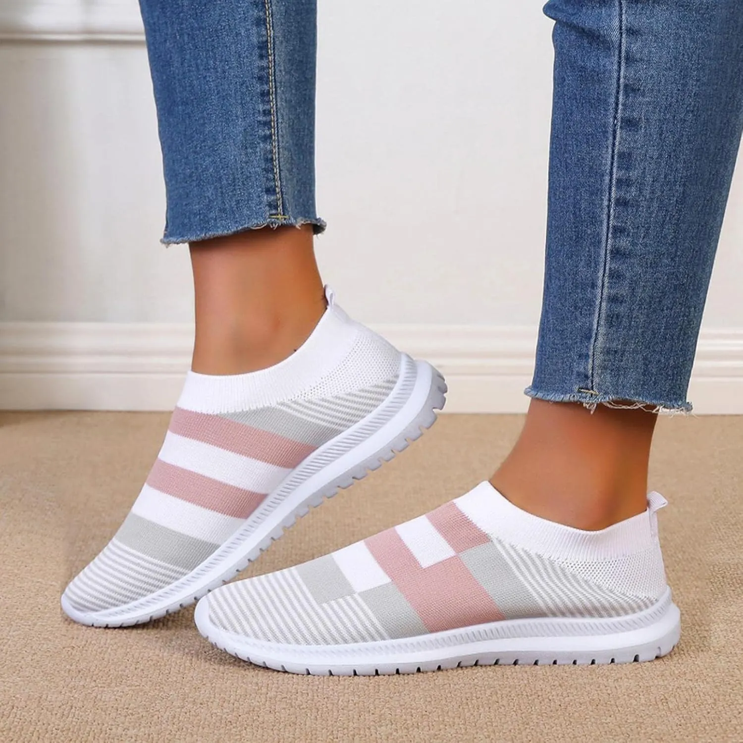 Hbeylia Women's Slip On Mesh Breathable Sneakers Walking Running Hiking Sports Shoes Fashion Athletic Low Heels Anti Skid Athletic Tennis Trainer Work Nursing Shoes for Ladies
