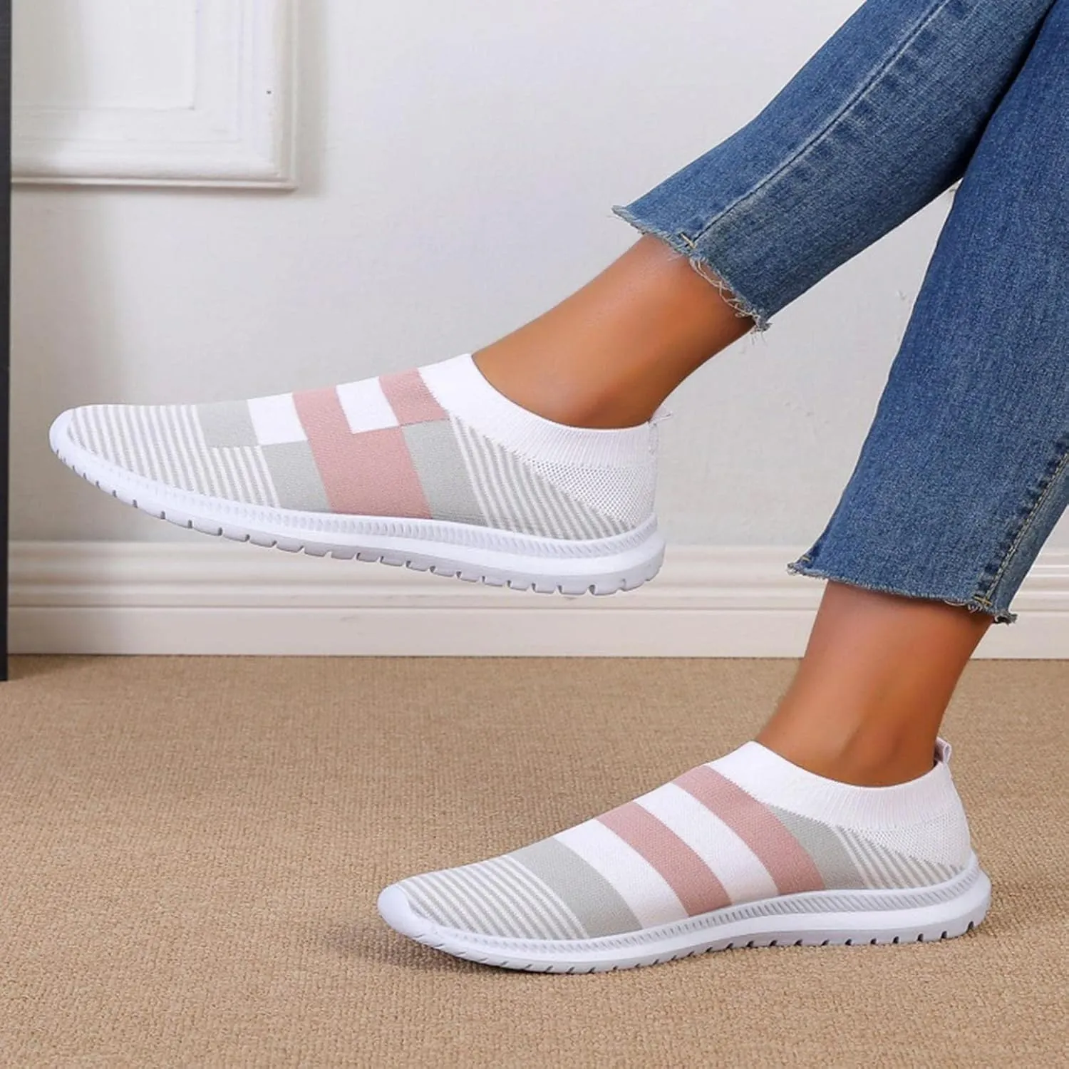 Hbeylia Women's Slip On Mesh Breathable Sneakers Walking Running Hiking Sports Shoes Fashion Athletic Low Heels Anti Skid Athletic Tennis Trainer Work Nursing Shoes for Ladies