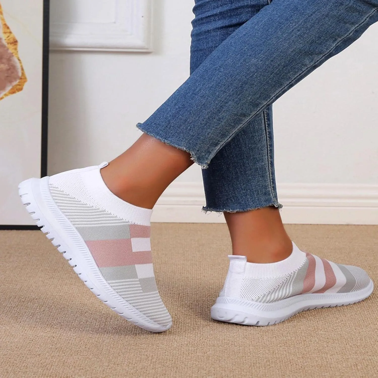 Hbeylia Women's Slip On Mesh Breathable Sneakers Walking Running Hiking Sports Shoes Fashion Athletic Low Heels Anti Skid Athletic Tennis Trainer Work Nursing Shoes for Ladies