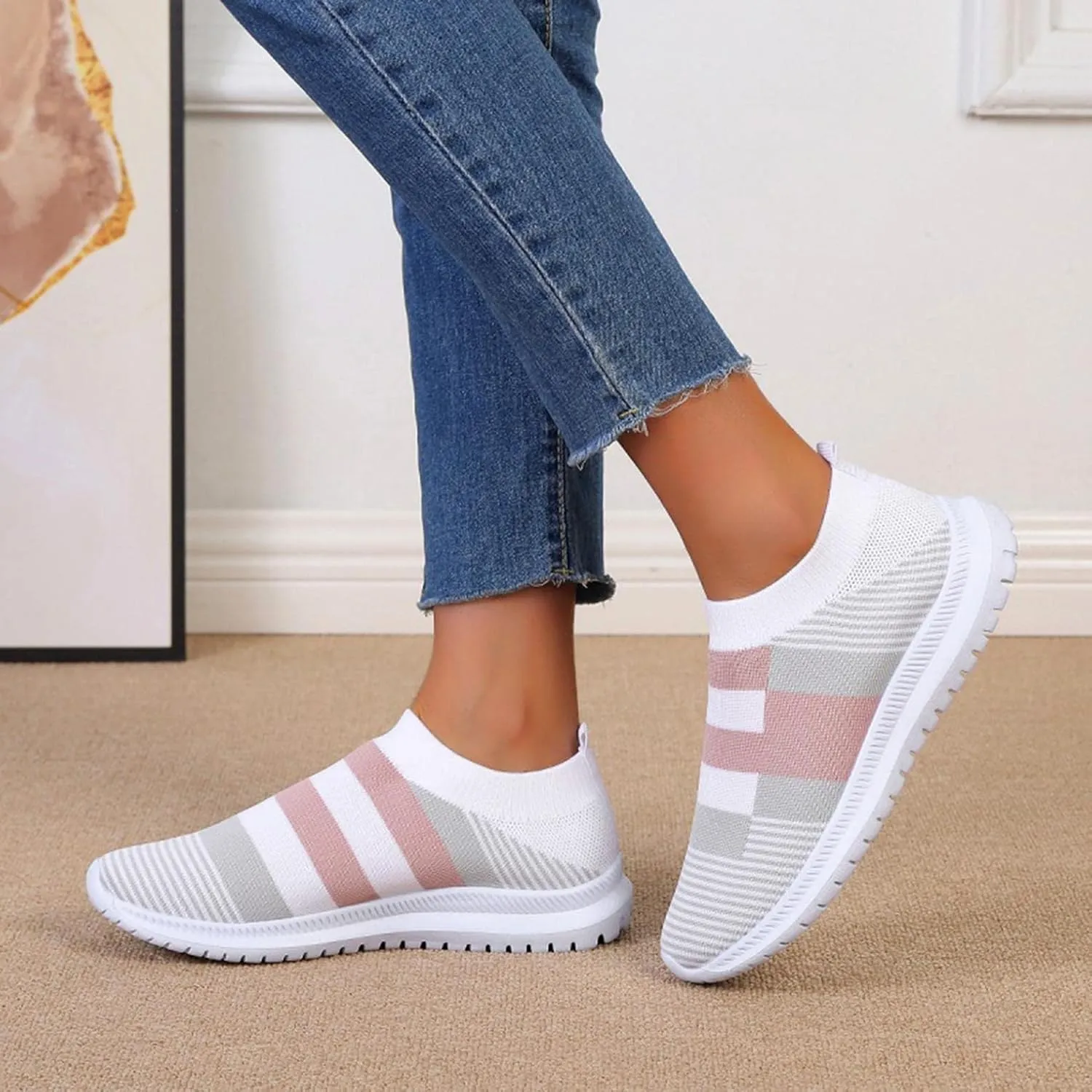 Hbeylia Women's Slip On Mesh Breathable Sneakers Walking Running Hiking Sports Shoes Fashion Athletic Low Heels Anti Skid Athletic Tennis Trainer Work Nursing Shoes for Ladies