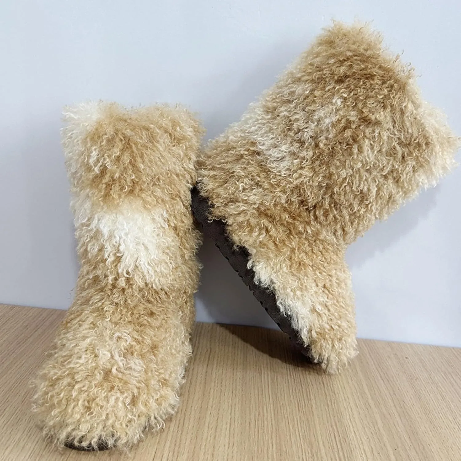 LLTMALL Women's Curly Faux Fur Snow Boots Mid Length Winter Cold Weather Boots