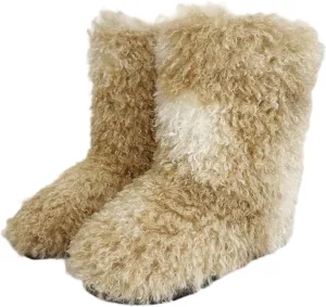 LLTMALL Women's Curly Faux Fur Snow Boots Mid Length Winter Cold Weather Boots