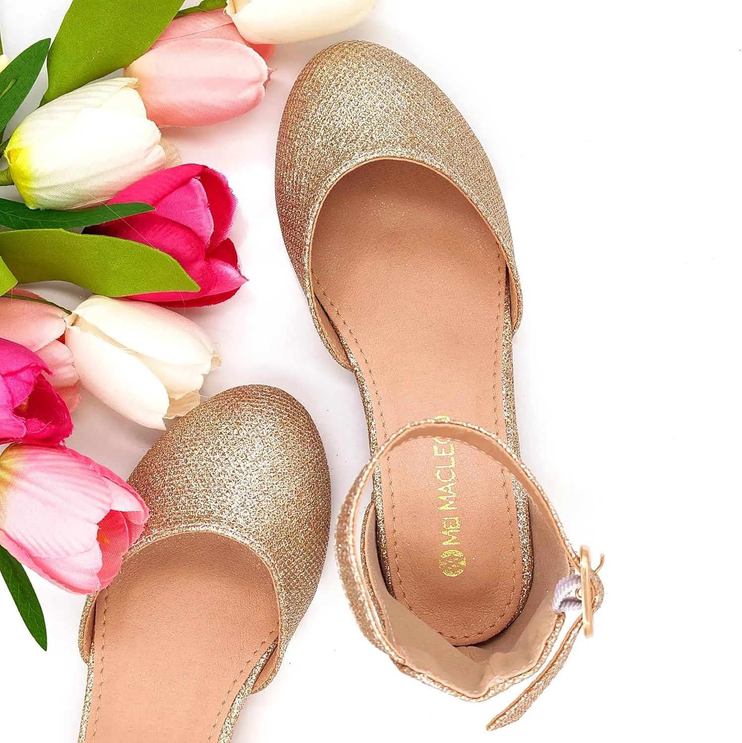 Mei MACLEOD Girls Dress Shoes Sparkly Princess Low Heel Shoes Chunky Heels with Ankle Strap for Wedding Holiday Party