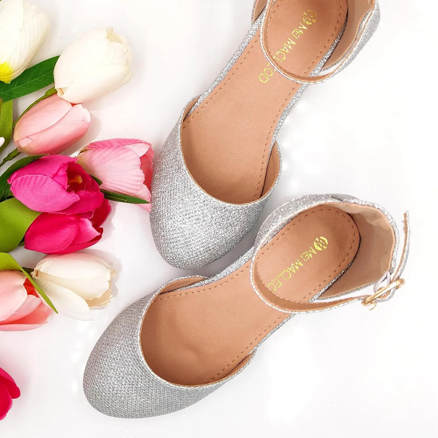 Mei MACLEOD Girls Dress Shoes Sparkly Princess Low Heel Shoes Chunky Heels with Ankle Strap for Wedding Holiday Party