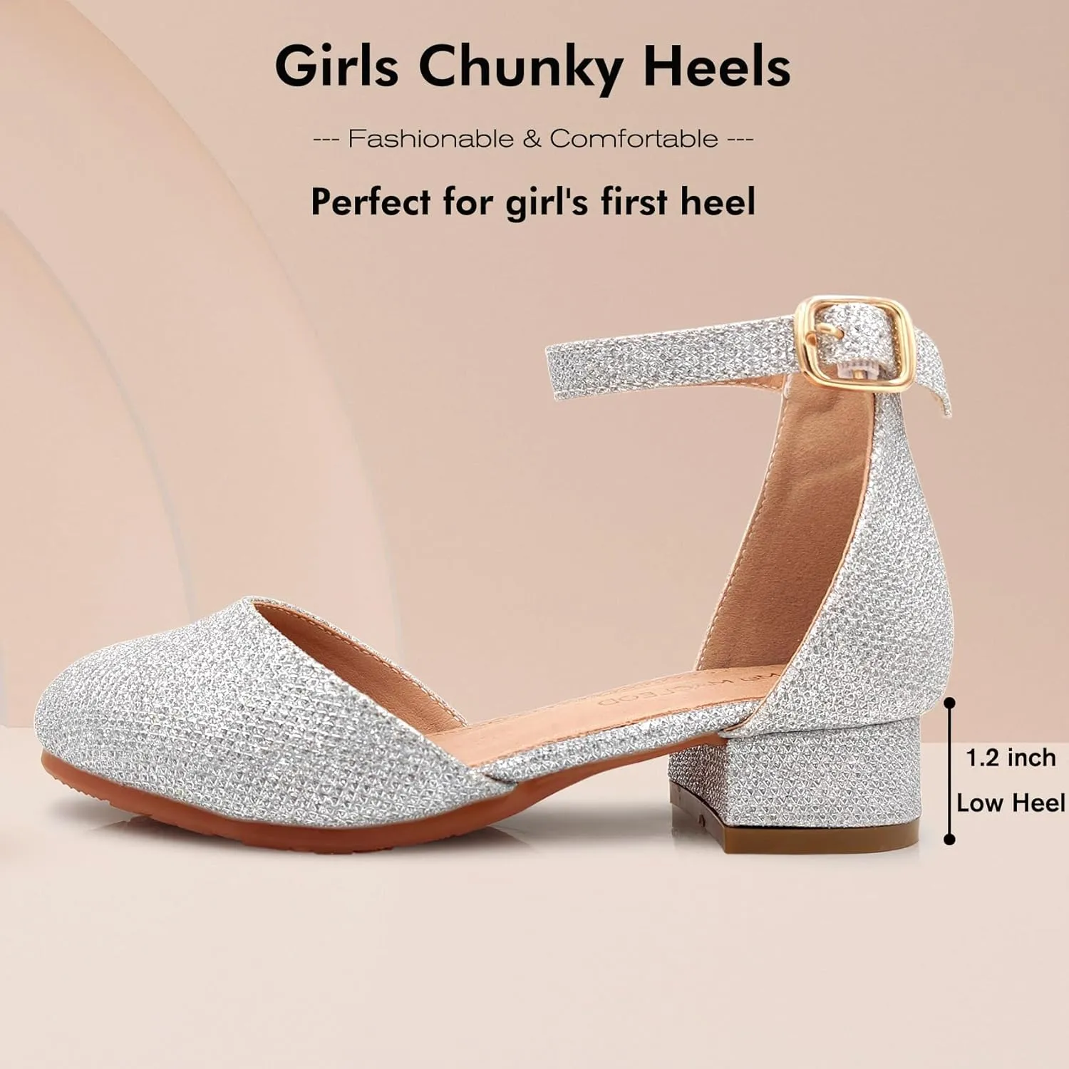 Mei MACLEOD Girls Dress Shoes Sparkly Princess Low Heel Shoes Chunky Heels with Ankle Strap for Wedding Holiday Party