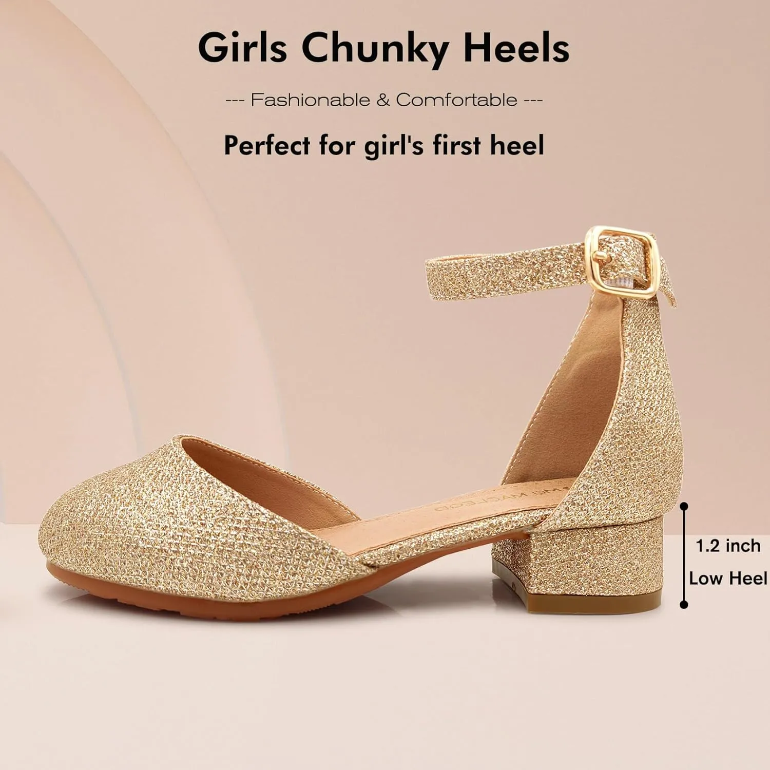 Mei MACLEOD Girls Dress Shoes Sparkly Princess Low Heel Shoes Chunky Heels with Ankle Strap for Wedding Holiday Party