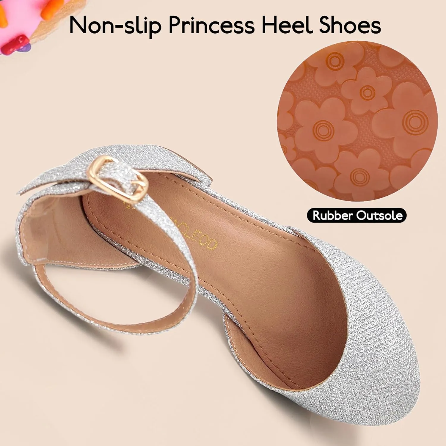 Mei MACLEOD Girls Dress Shoes Sparkly Princess Low Heel Shoes Chunky Heels with Ankle Strap for Wedding Holiday Party