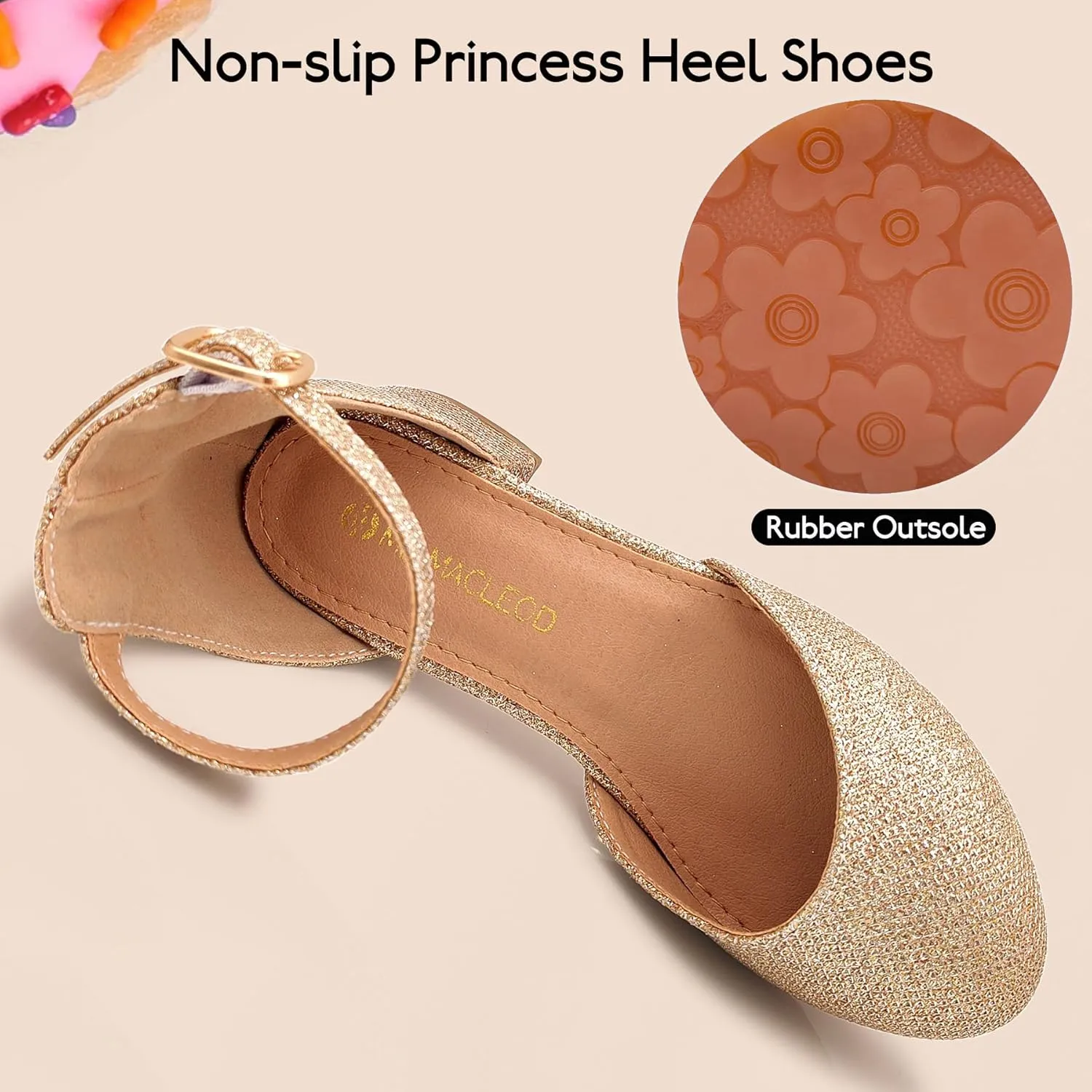 Mei MACLEOD Girls Dress Shoes Sparkly Princess Low Heel Shoes Chunky Heels with Ankle Strap for Wedding Holiday Party