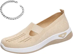 Orthowalkway Womens Shoes Comfort Wear Orthopedic Walking Shoes for Women Mesh Breathable Slip-On Knitted Lightweight Flat Sneakers Embroidered Flower Walking Sports Shoes
