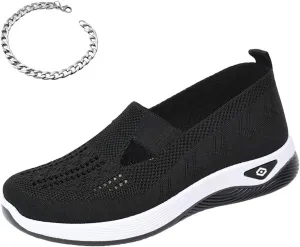 Orthowalkway Womens Shoes Comfort Wear Orthopedic Walking Shoes for Women Mesh Breathable Slip-On Knitted Lightweight Flat Sneakers Embroidered Flower Walking Sports Shoes