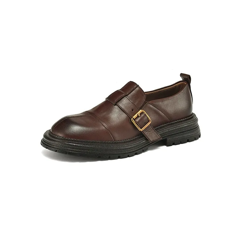 Preppy Style Leather Low Cutter Loafers with Buckle Soft in Coffee/Black