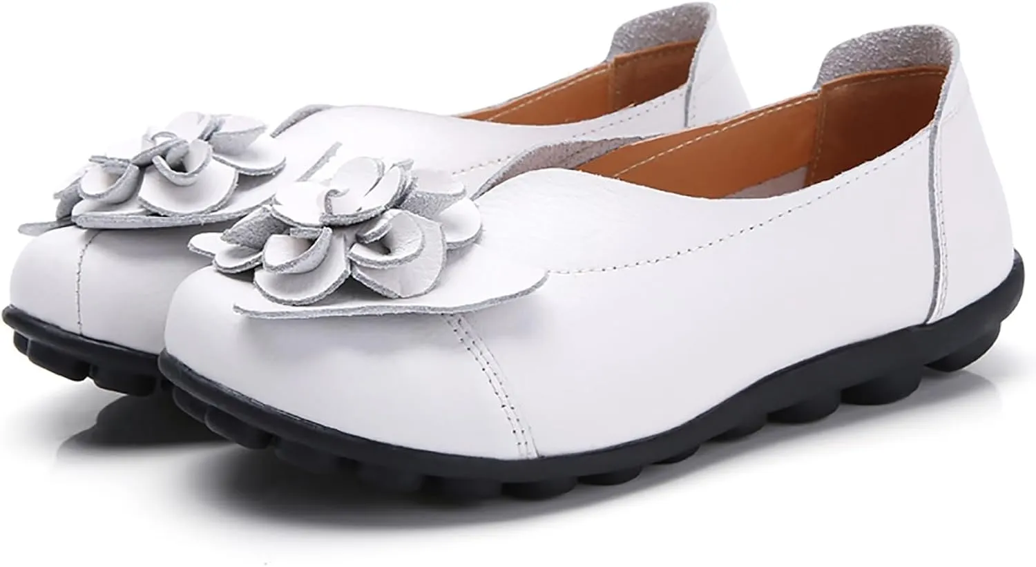 Slip on Loafers for Women Leather Flowers Loafers Comfortable Walking Work Flats Shoes Lightweight Soft Sole Flat Shoes Round Toe Summer Shoe