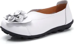Slip on Loafers for Women Leather Flowers Loafers Comfortable Walking Work Flats Shoes Lightweight Soft Sole Flat Shoes Round Toe Summer Shoe