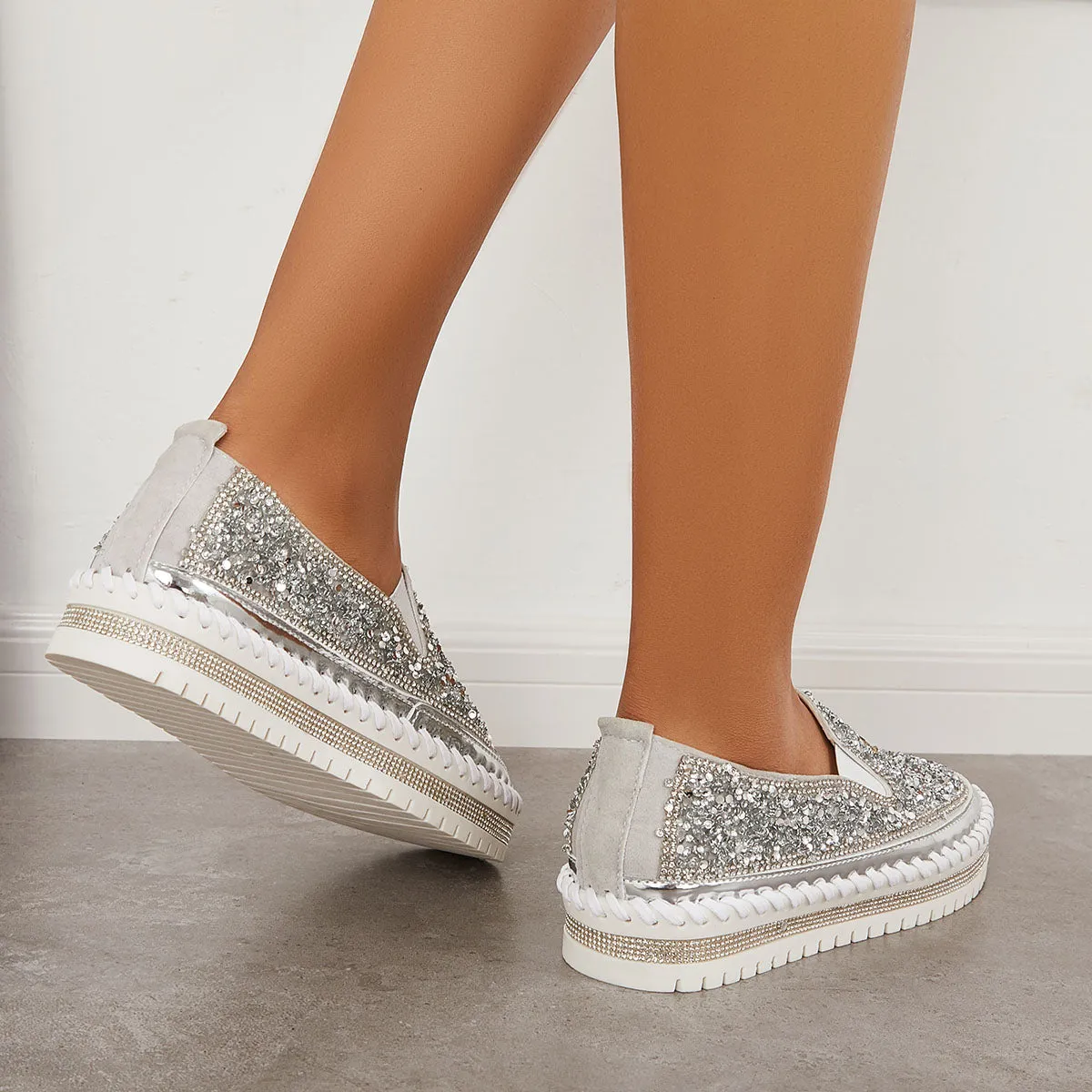 Sohiwoo  Women Glitter Rhinestone Bear Platform Loafers Slip on Walking Shoes