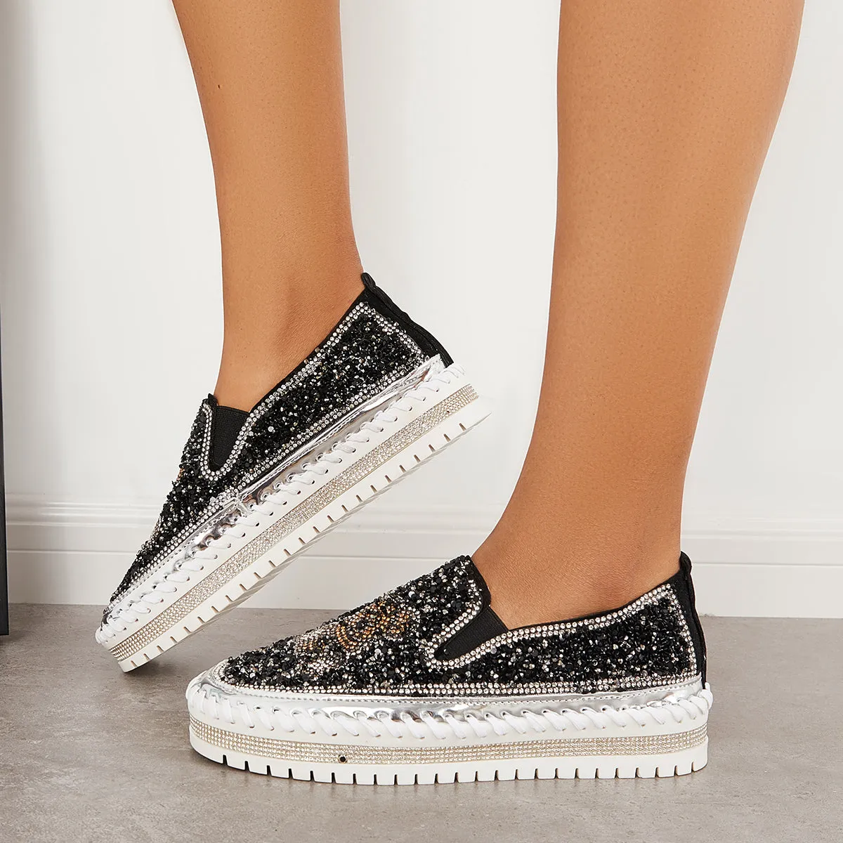 Sohiwoo  Women Glitter Rhinestone Bear Platform Loafers Slip on Walking Shoes