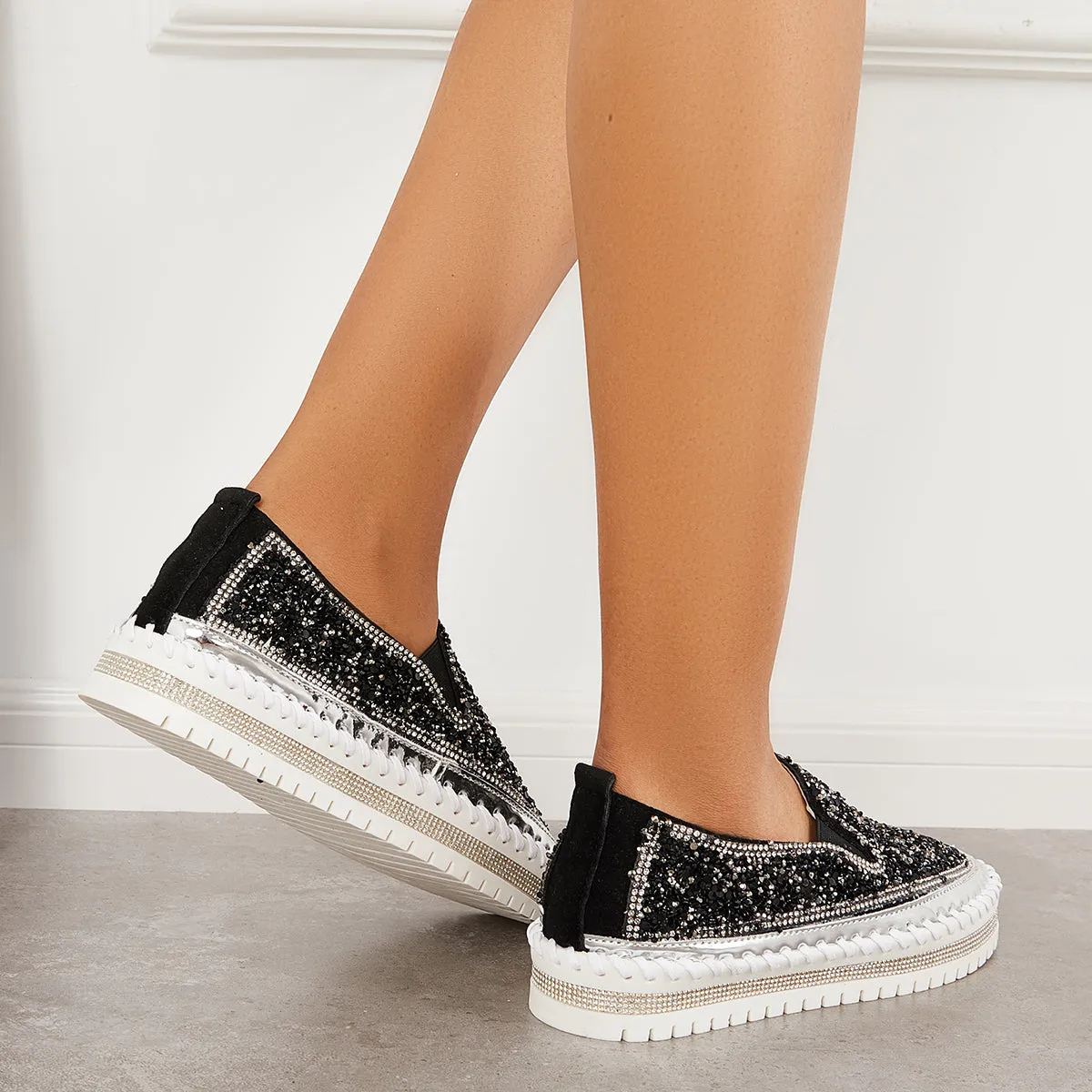 Sohiwoo  Women Glitter Rhinestone Bear Platform Loafers Slip on Walking Shoes