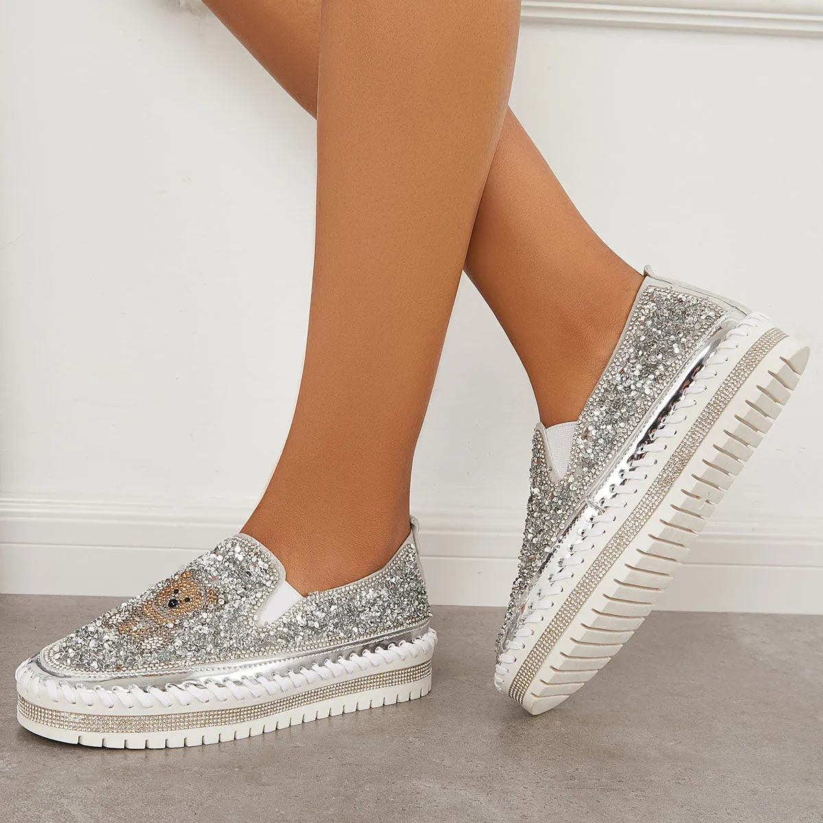 Sohiwoo  Women Glitter Rhinestone Bear Platform Loafers Slip on Walking Shoes