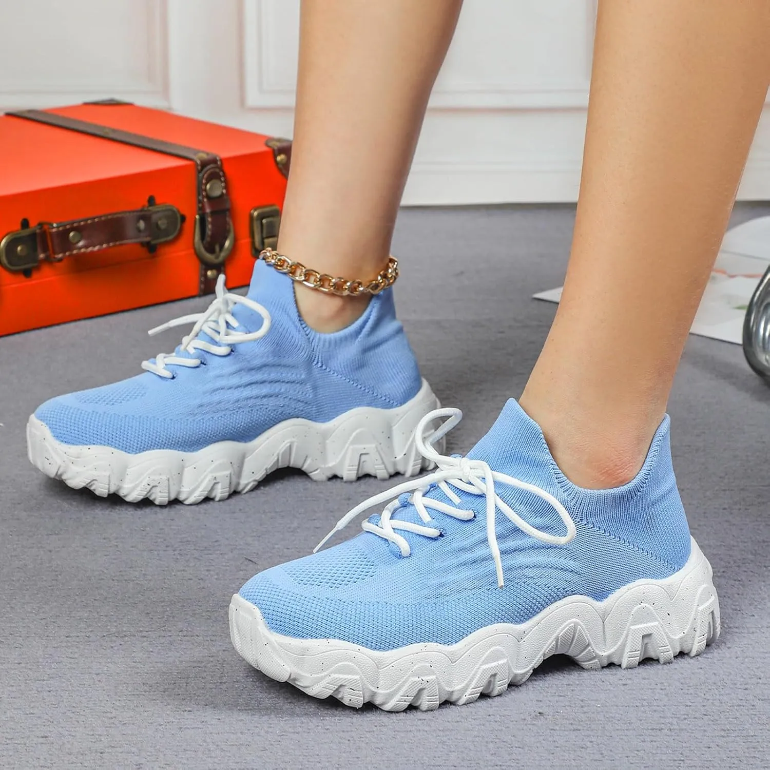 Women's Arch Support Platform Sneaker Comfortable Cushion Workout Sneaker Slip On Breathable Mesh Shoes