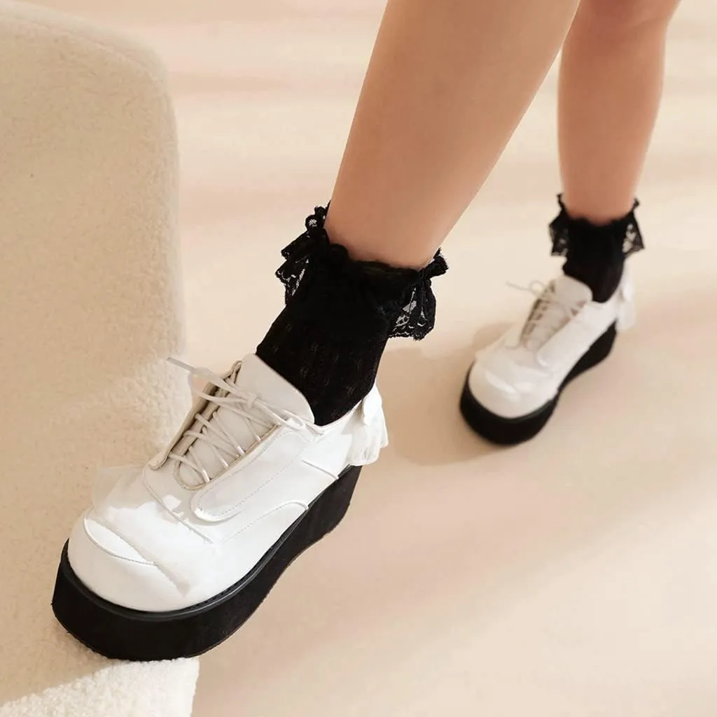 Women's Lolita Lace Up Chunky Platform Pump Shoes Round Toe Wedge High Heels Uniform Dress Pumps