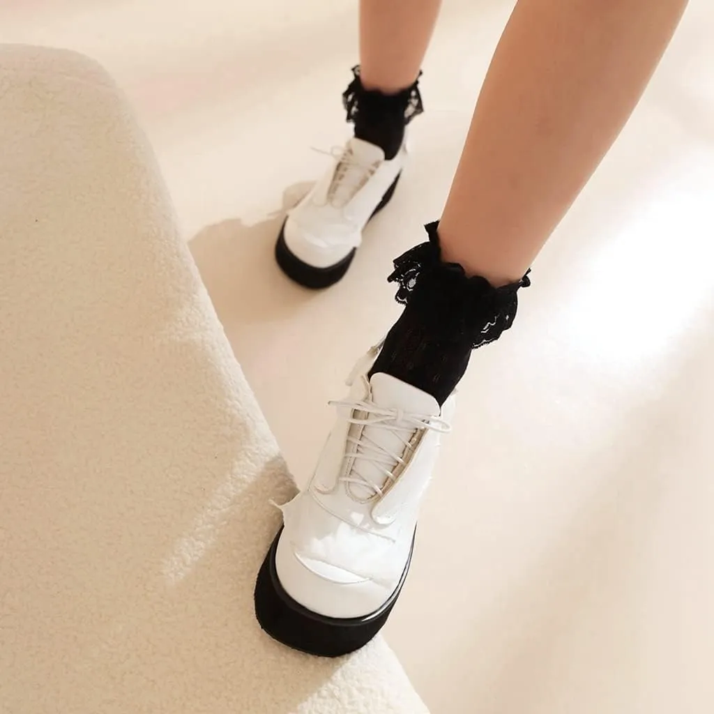 Women's Lolita Lace Up Chunky Platform Pump Shoes Round Toe Wedge High Heels Uniform Dress Pumps