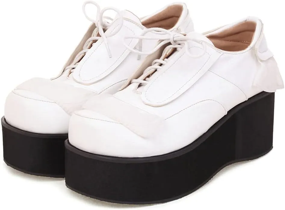 Women's Lolita Lace Up Chunky Platform Pump Shoes Round Toe Wedge High Heels Uniform Dress Pumps