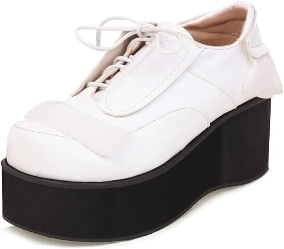 Women's Lolita Lace Up Chunky Platform Pump Shoes Round Toe Wedge High Heels Uniform Dress Pumps