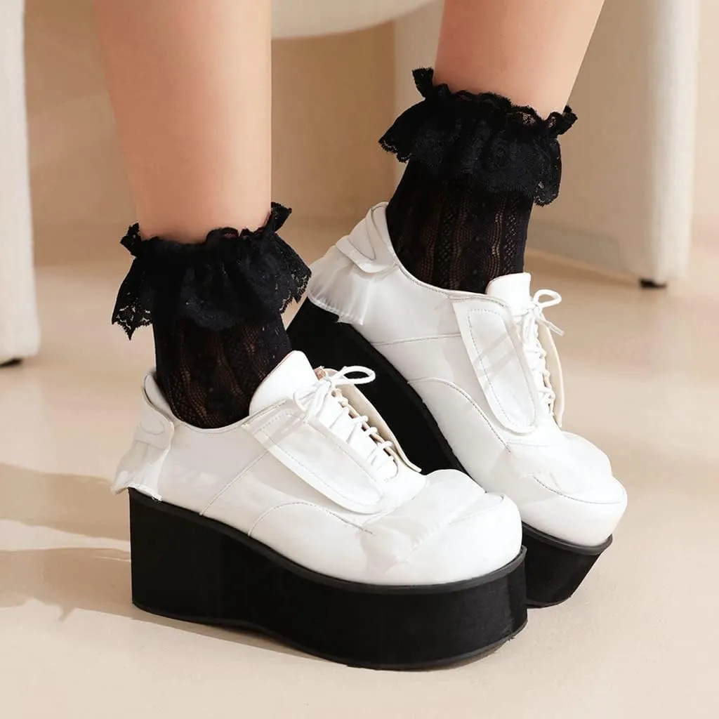 Women's Lolita Lace Up Chunky Platform Pump Shoes Round Toe Wedge High Heels Uniform Dress Pumps