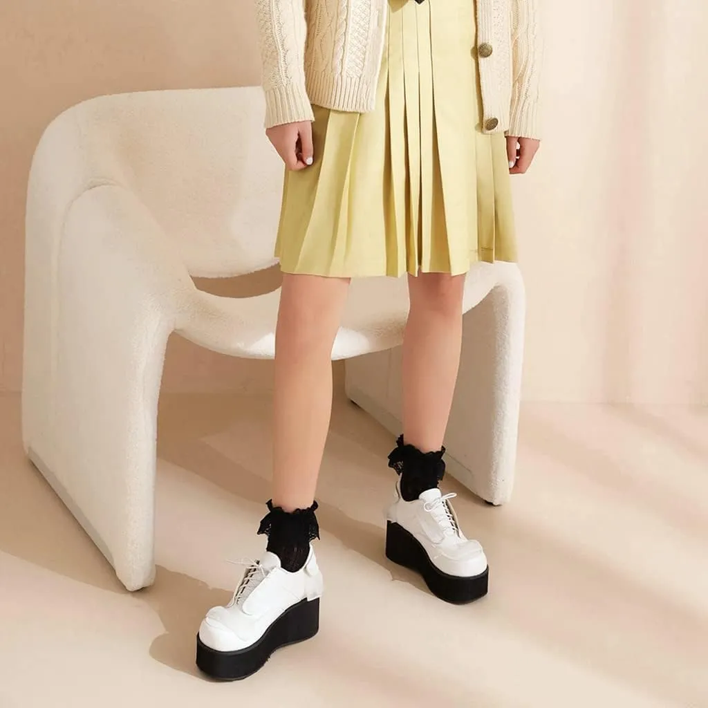 Women's Lolita Lace Up Chunky Platform Pump Shoes Round Toe Wedge High Heels Uniform Dress Pumps