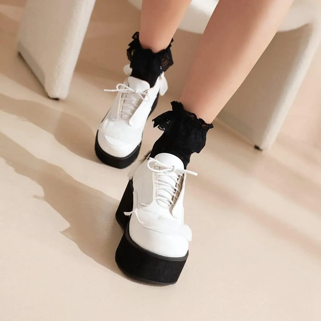 Women's Lolita Lace Up Chunky Platform Pump Shoes Round Toe Wedge High Heels Uniform Dress Pumps
