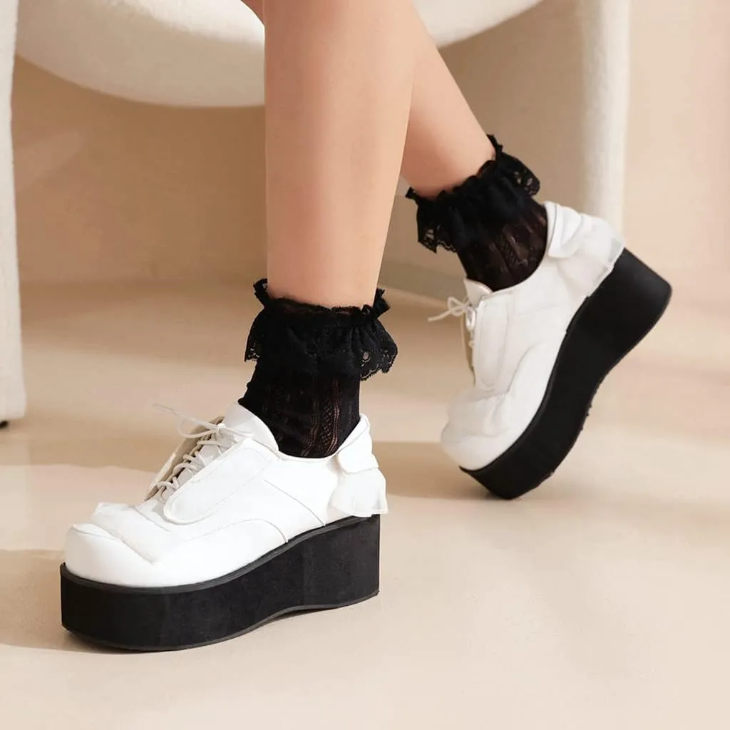 Women's Lolita Lace Up Chunky Platform Pump Shoes Round Toe Wedge High Heels Uniform Dress Pumps