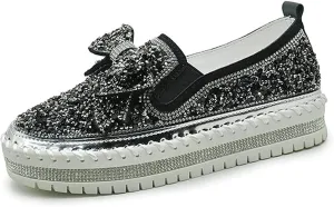 Women's Rhinestones Glitter Platform Slip On Sneakers Casual Cute Bowknot Shiny Walking Shoes Handmade Non-Slip Comfortable Dress Flat Loafers